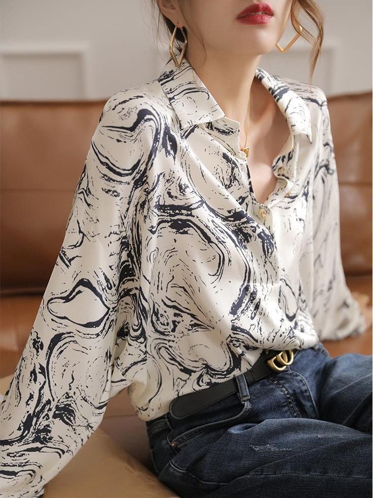 Western Stil Mode Blæk Maleri Trykt Langærmet Skjorte