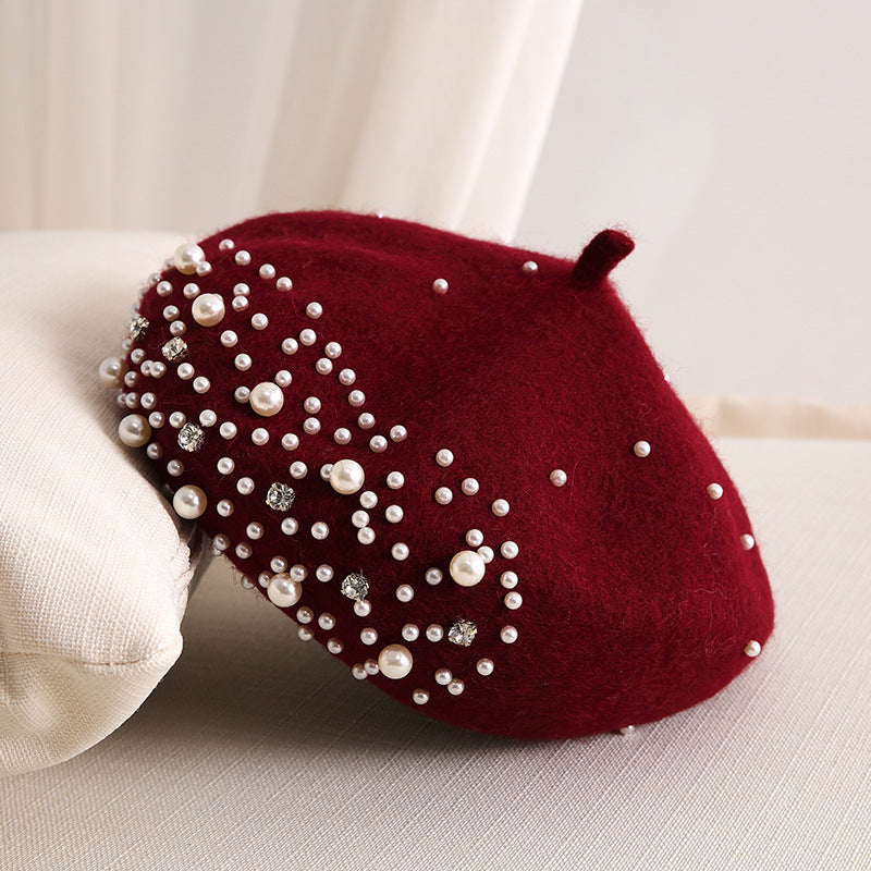 Ladies Small Fragrance Pearl Rhinestone Wool Beret