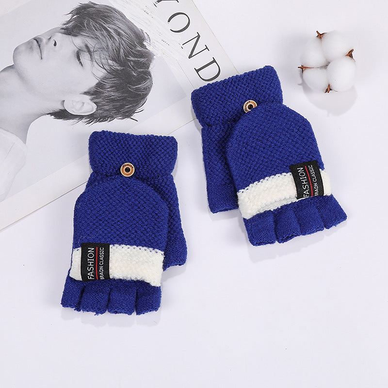 Cute Blue Korean Embroidered Half Finger Gloves