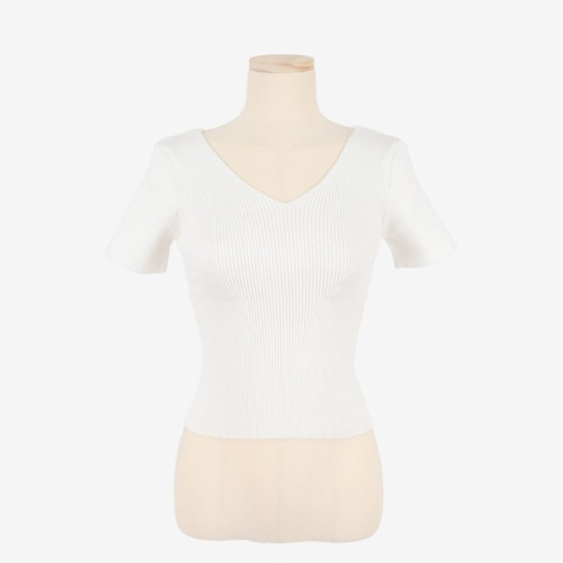 Women's Summer V-neck Bright Short Sweater Slim Fit Chest All-matching Short Sleeve T-shirt Top