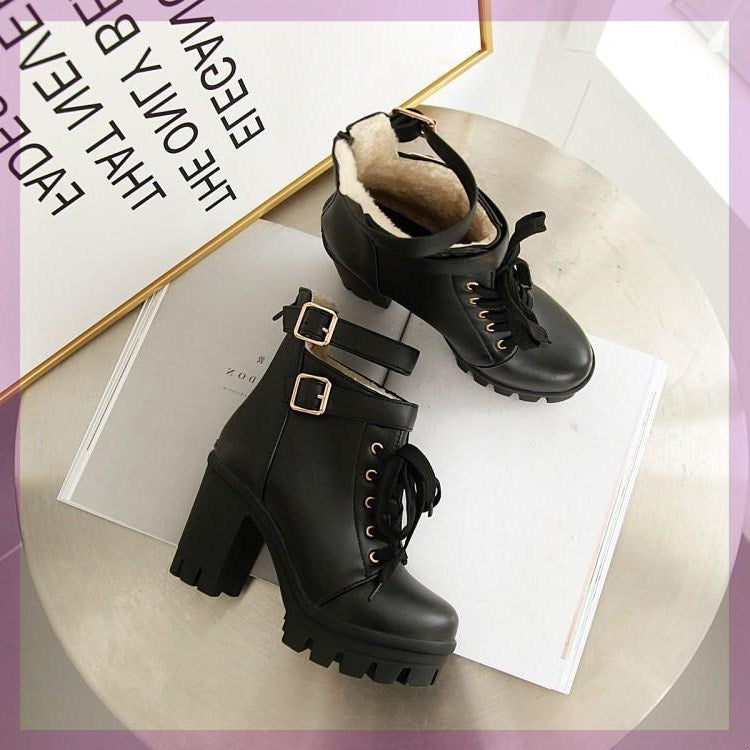 Women's Plus Velvet Handsome Lace-up Platform Martin Boots