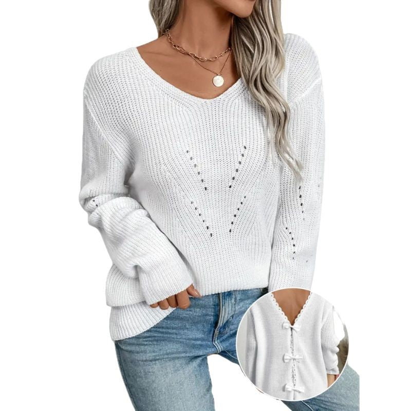 Round Neck Cutout Lace Stitching Bow Back Elegant Sweater