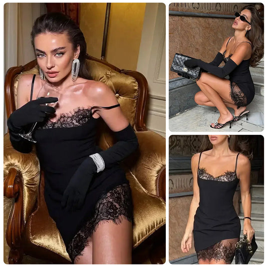 Alluringly Seductive Black Spaghetti-strap Sheer Lace Dress