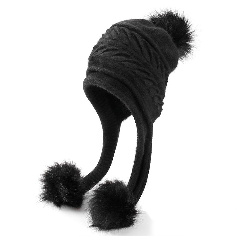 Winter Warm Ear Protection Three Hair Ball Pleated Rabbit Fur Hood