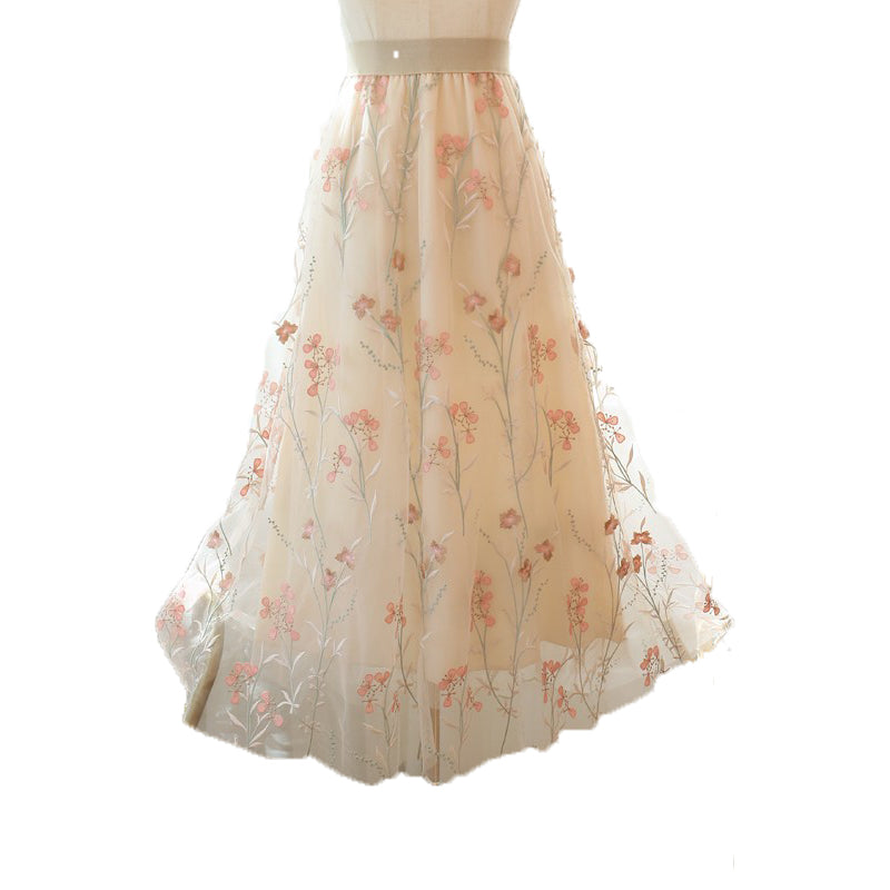 High Waisted Embroidered A-line Skirt Mesh