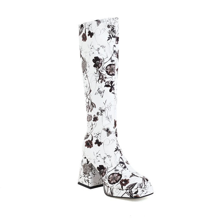 Fashion High Heel Print Square Toe  Knight Boots Women