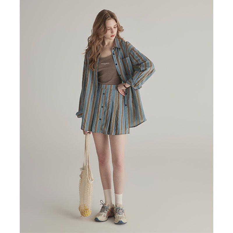 Summer High-grade Sun-proof Set Women's Loose Design Light Striped Shirt Top Temperament Waist-controlled Short Skirt