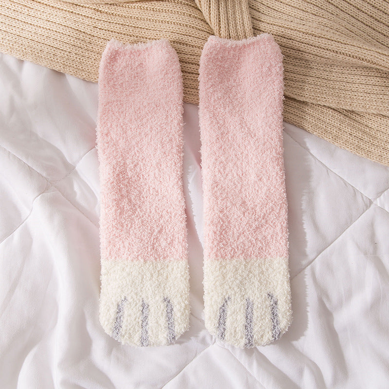 New Coral Velvet Cat's Paw Socks For Women Fleece Lined Padded Warm Keeping