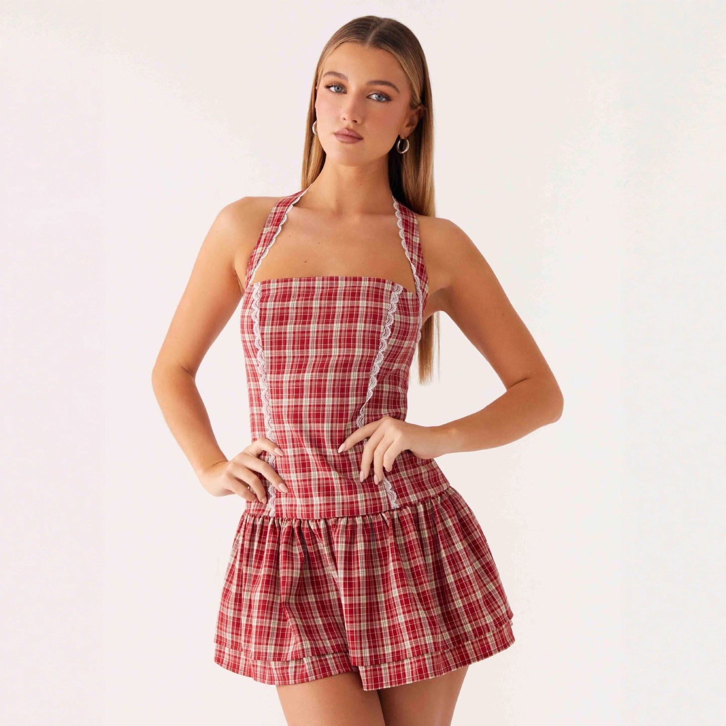 Neck-hanging Ruffled Cake-style Mini Dress With A Lace-trimmed Plaid Design