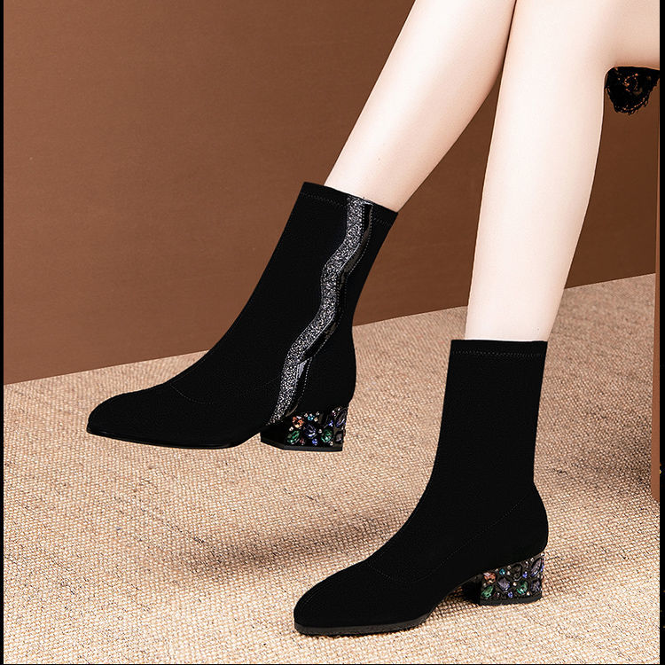 Women's Rhinestone Pointed Toe And Velvet High-heeled Ankle Boots