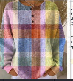 Sweatshirt-top til kvinder med tryk, tre knapper og opretstående krave