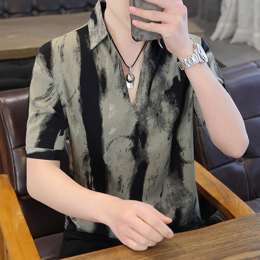 V-neck Stripe Trendy Loose Half Sleeve Shirt Loose