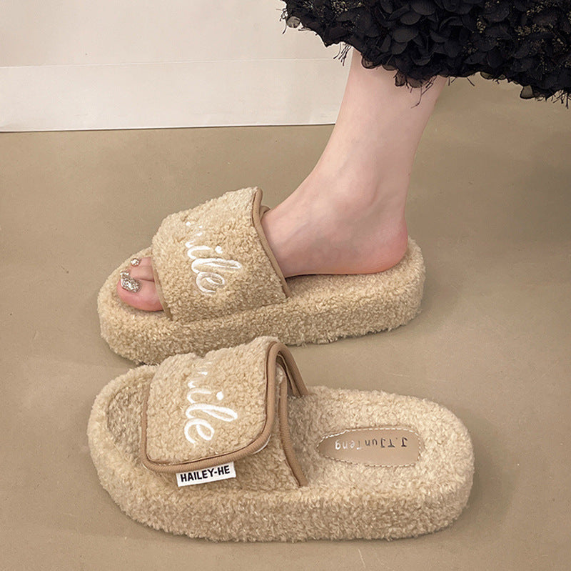 NEW Velcro Letters Thick Bottom Fluffy Slippers Women's Outer Wear