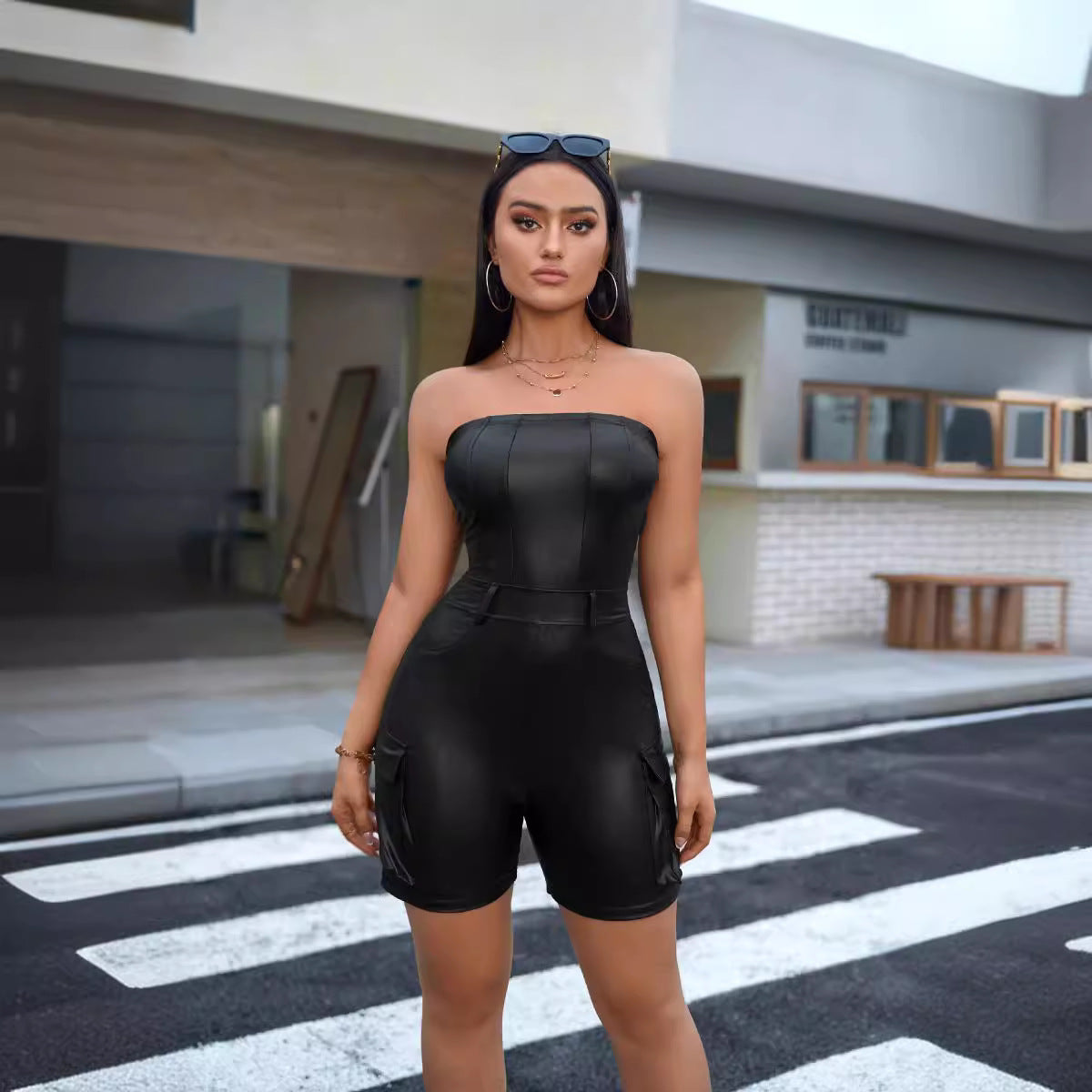 Womens Sexy Off-Shoulder Tube Top Bodycon PU Leather Jumpsuit With A Defined Waist