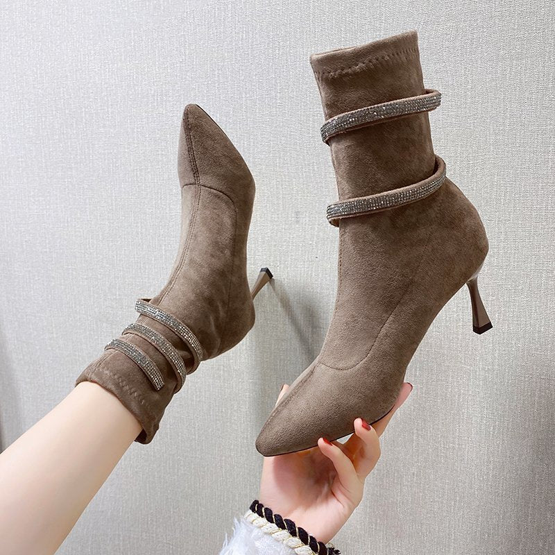 Pointed Fashion Boots Rhinestone French High Heels
