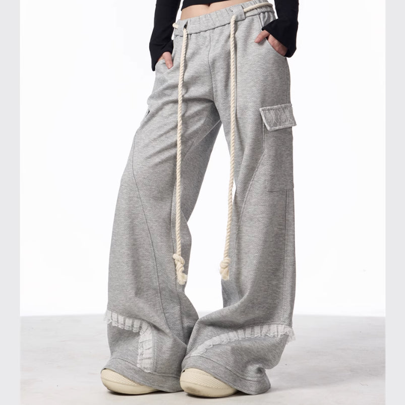 Gray Wide Leg Multi-pocket Drawstring Track Sweatpants Women's Casual Pants