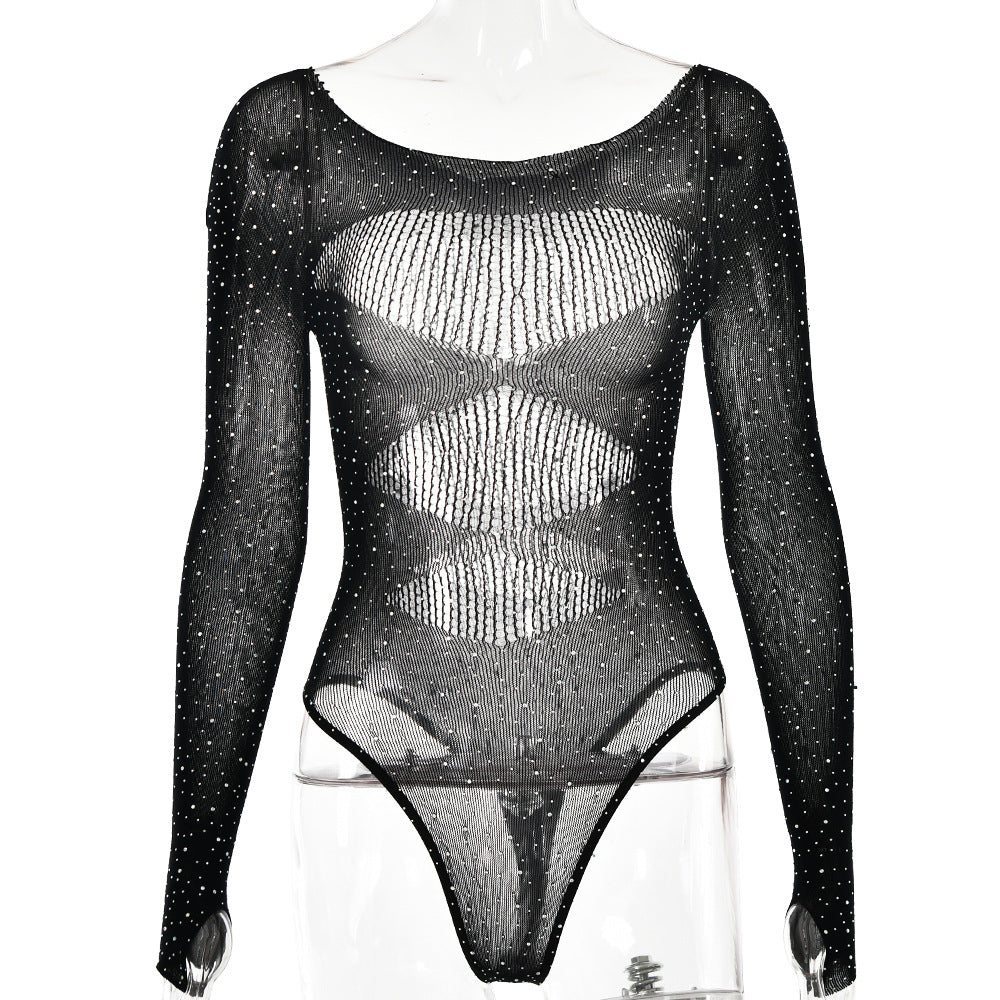 Women's High Elastic Knitted Sheer Long Sleeve Hollow Rhinestone Jumpsuit