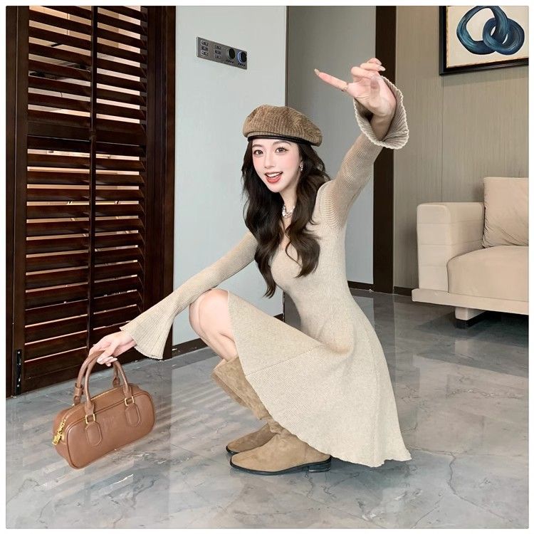 Womens Solid-Color Versatile Fashionable Slimming Long-Sleeve Dress