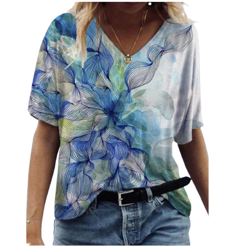Butterfly Print Short Sleeve V-neck Ladies Loose