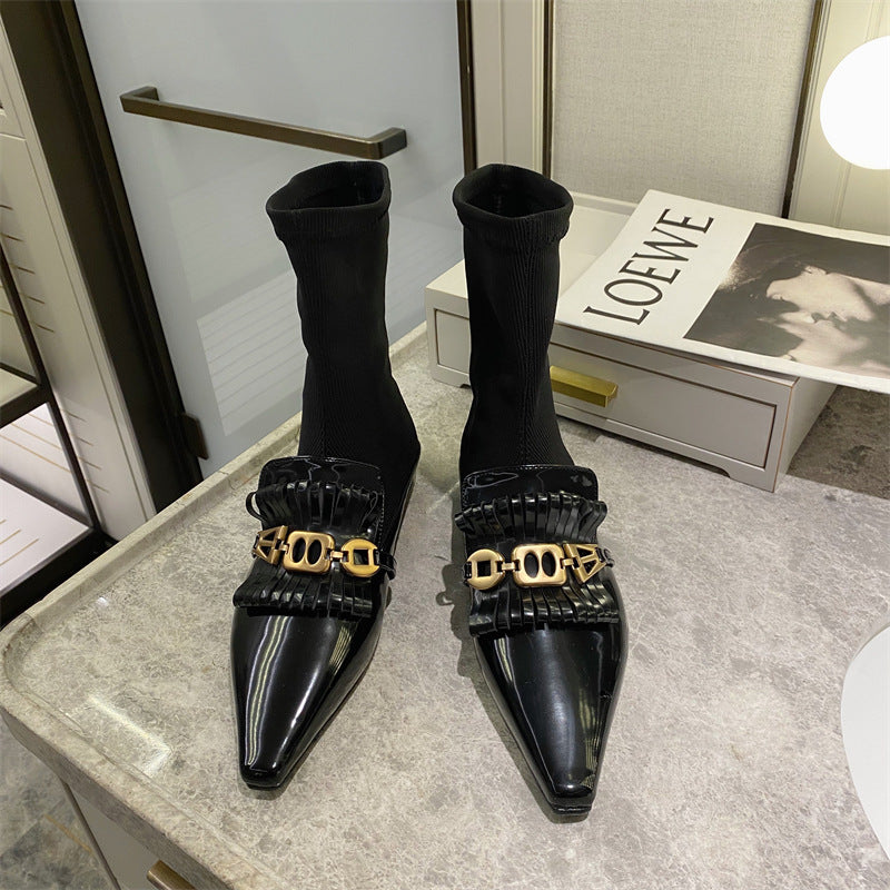 Martin Boots Flat Patent Leather Wool Socks And Ankle Boots