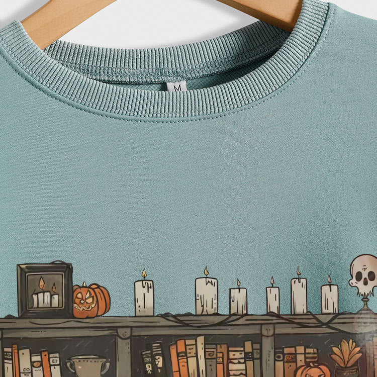 Printed Bookshelf Ghost Black Cat Round Neck Sweater
