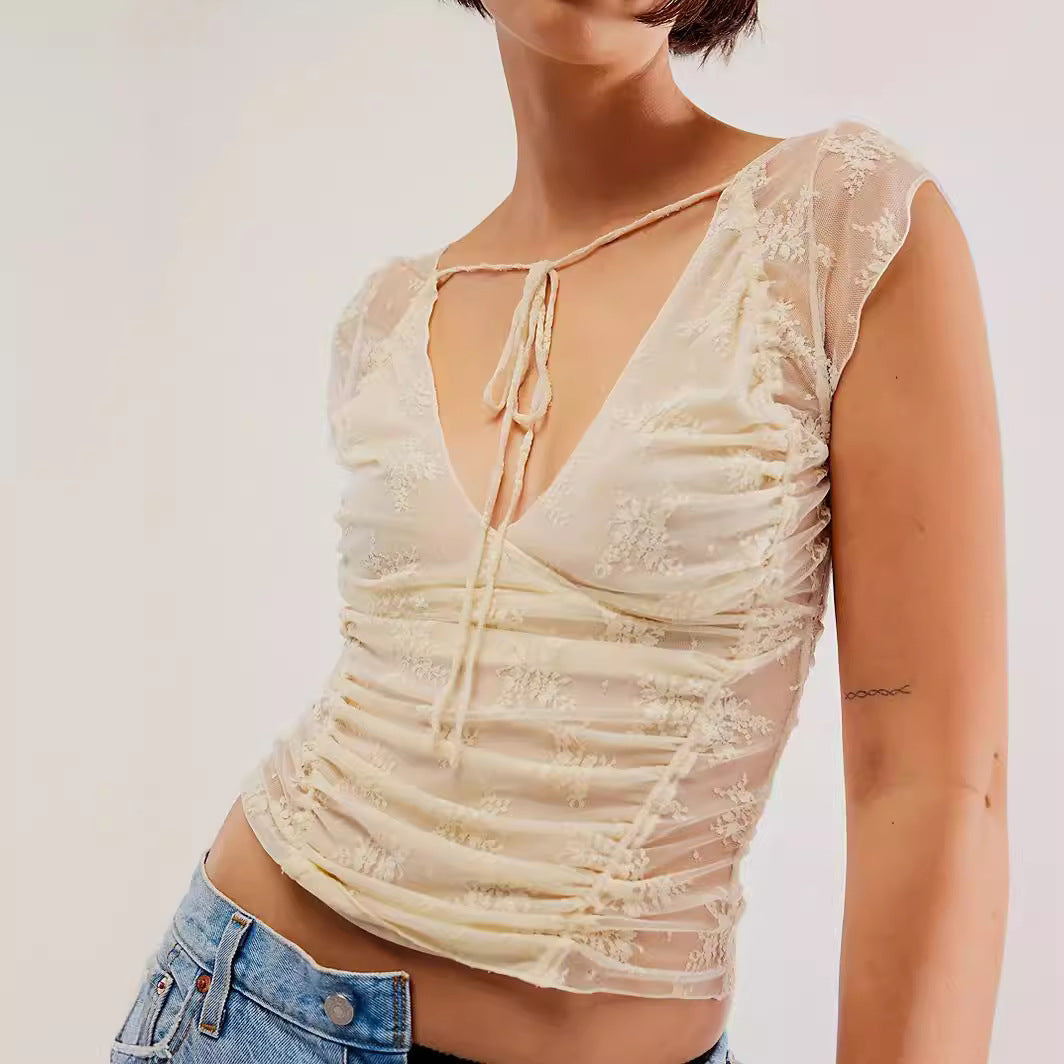 Women's Backless Floral Lace Slim-fit Short Top T-shirt
