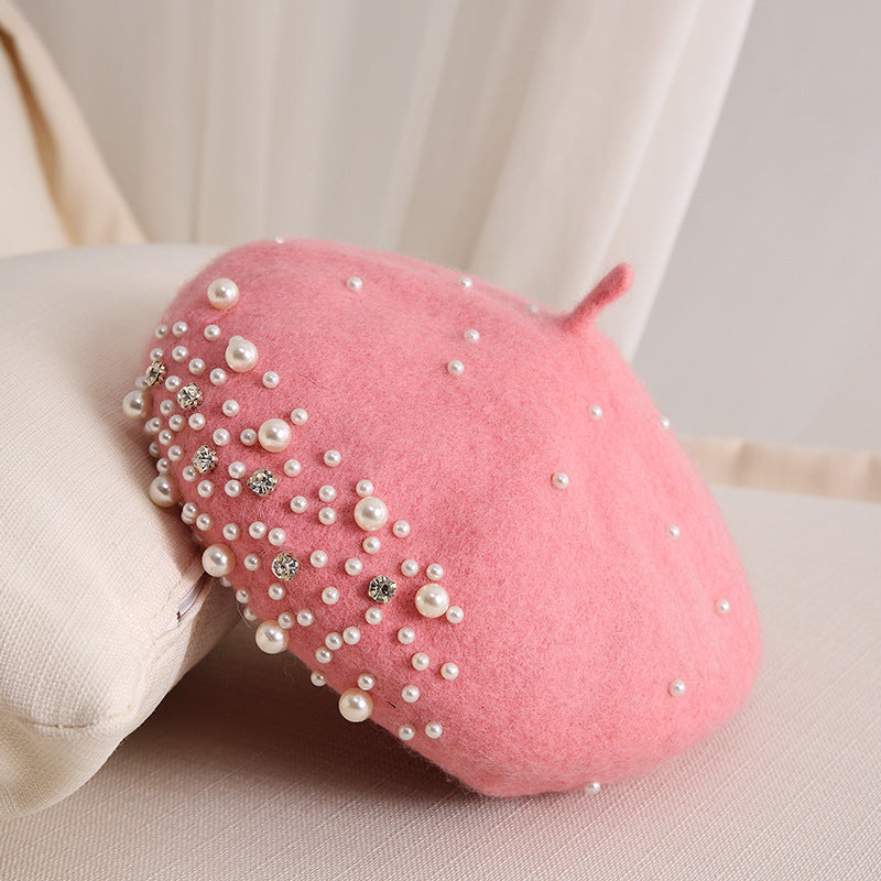 Ladies Small Fragrance Pearl Rhinestone Wool Beret