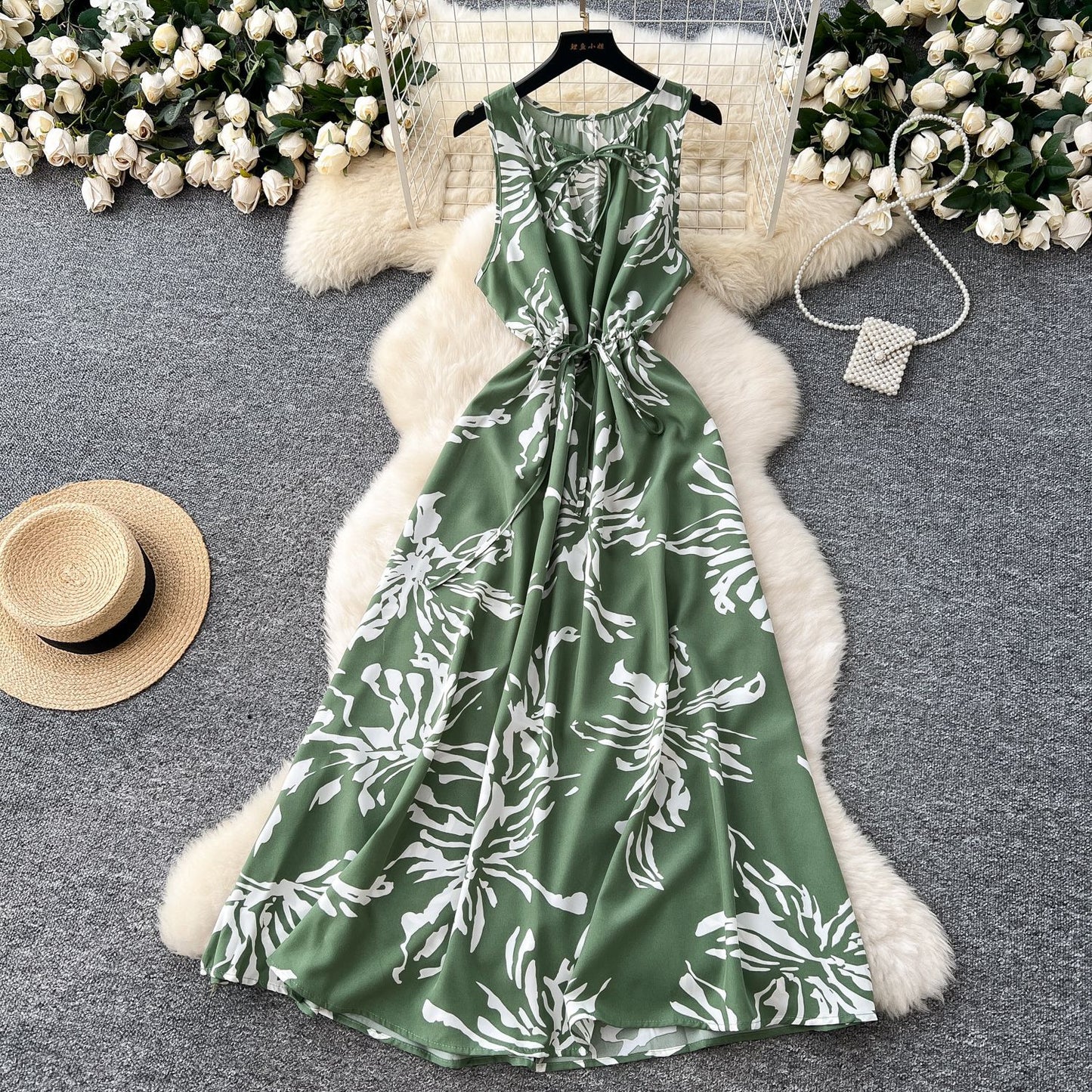 Retro Crew-neck Lace-up Sleeveless Printed Dress