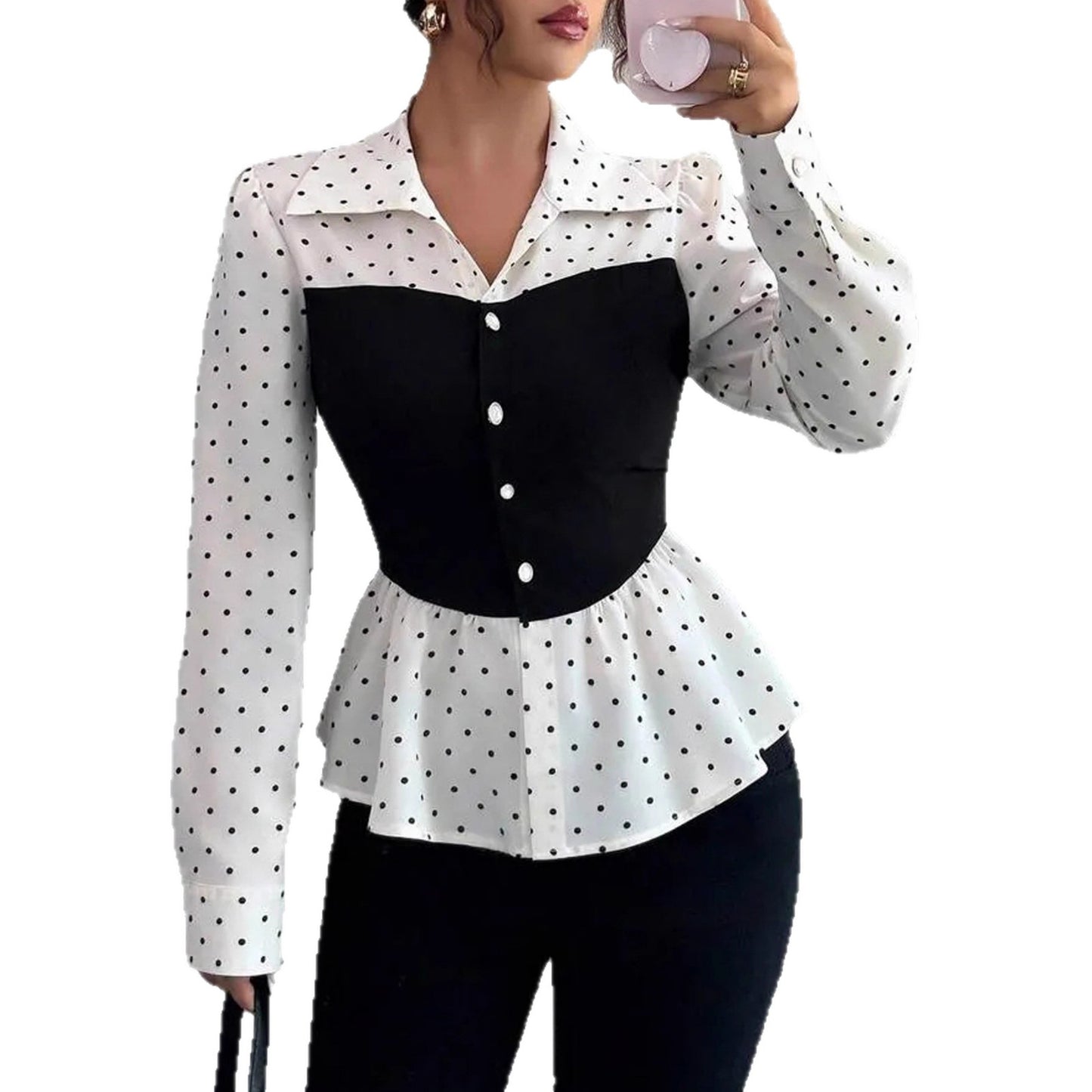 Women's Fashion Polka Dot Fake Two-piece Long Sleeve Shirt