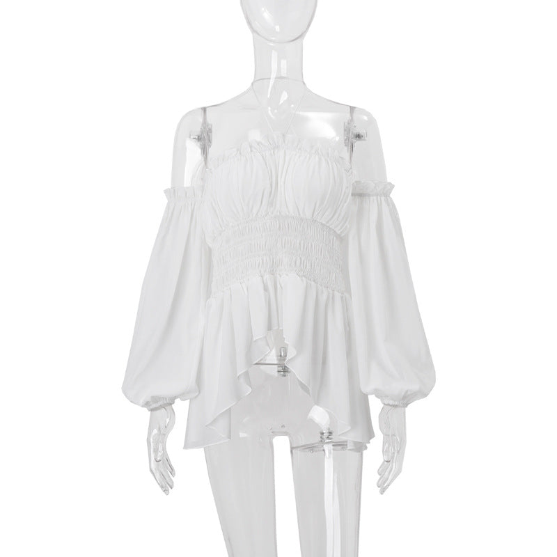Off-shoulder Pleated Ruffled Slim Fit Lantern Long Sleeve Halter Top Women