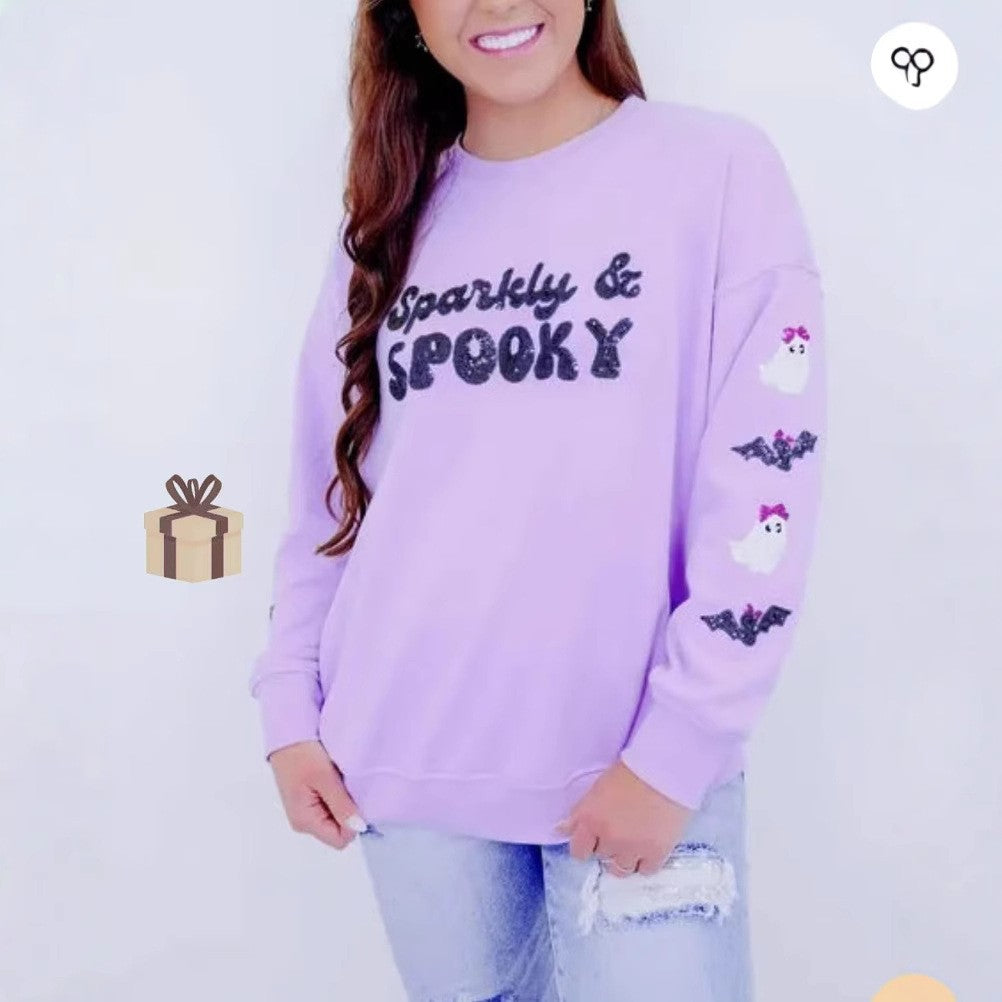 Womens Crew-Neck Halloween Sequin Hoodie
