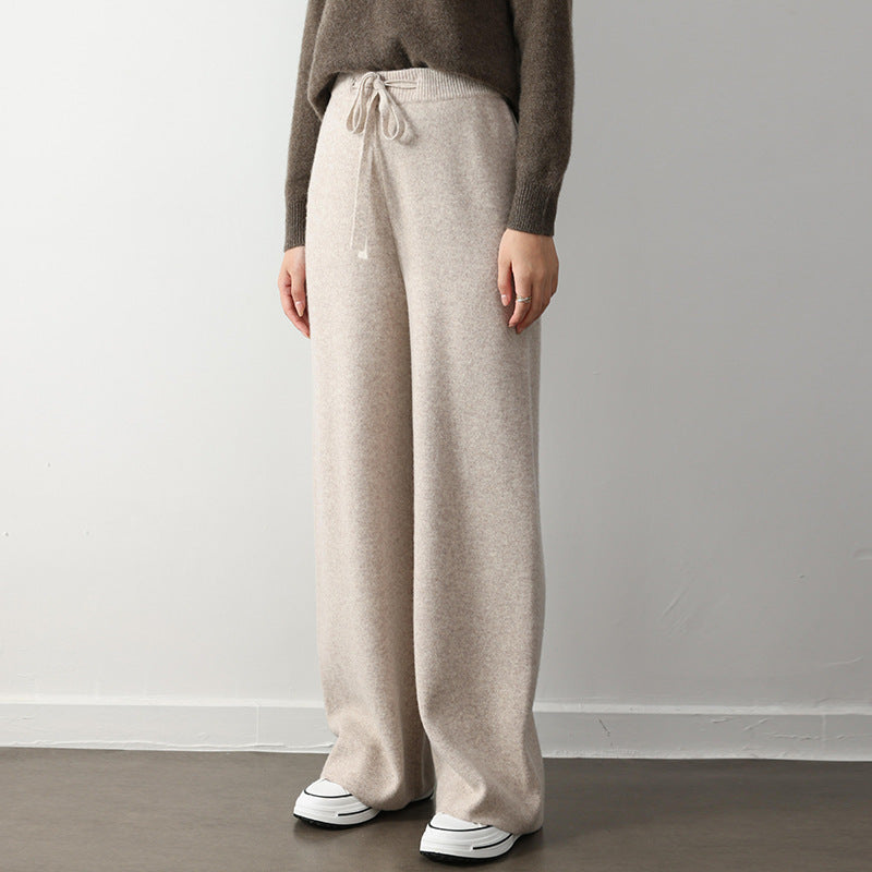 Stretch Elastic Waistband Lace-up Straight Wide-leg Pants