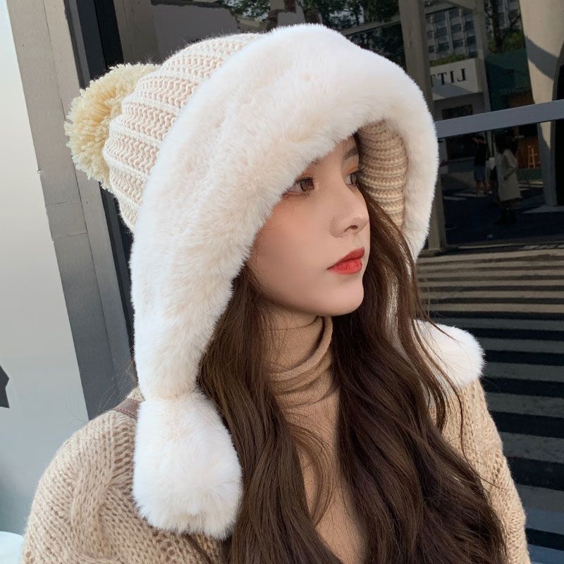 Rabbit Fur Knitted Hat Large Head Fleece Warm