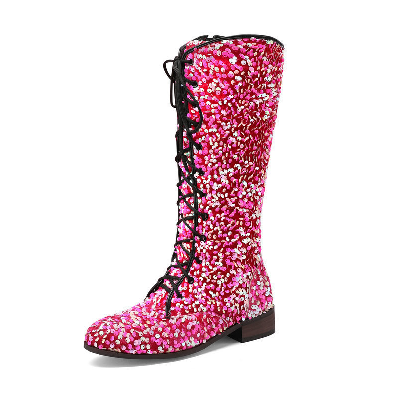 Glittery Round-toe Mid-heel Over-the-knee Boots With Front Lacing