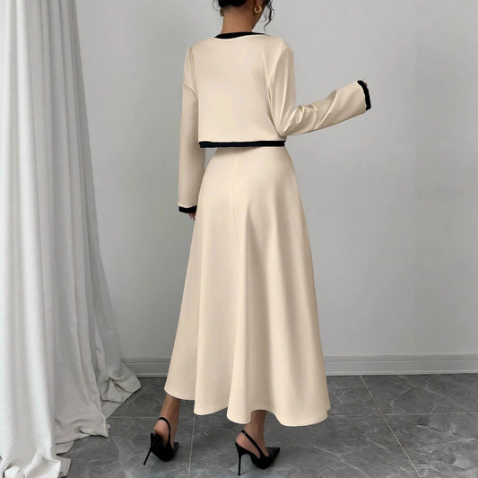 Womens French-style Long-sleeve Cropped Jacket And Slip Dress Two-piece Set