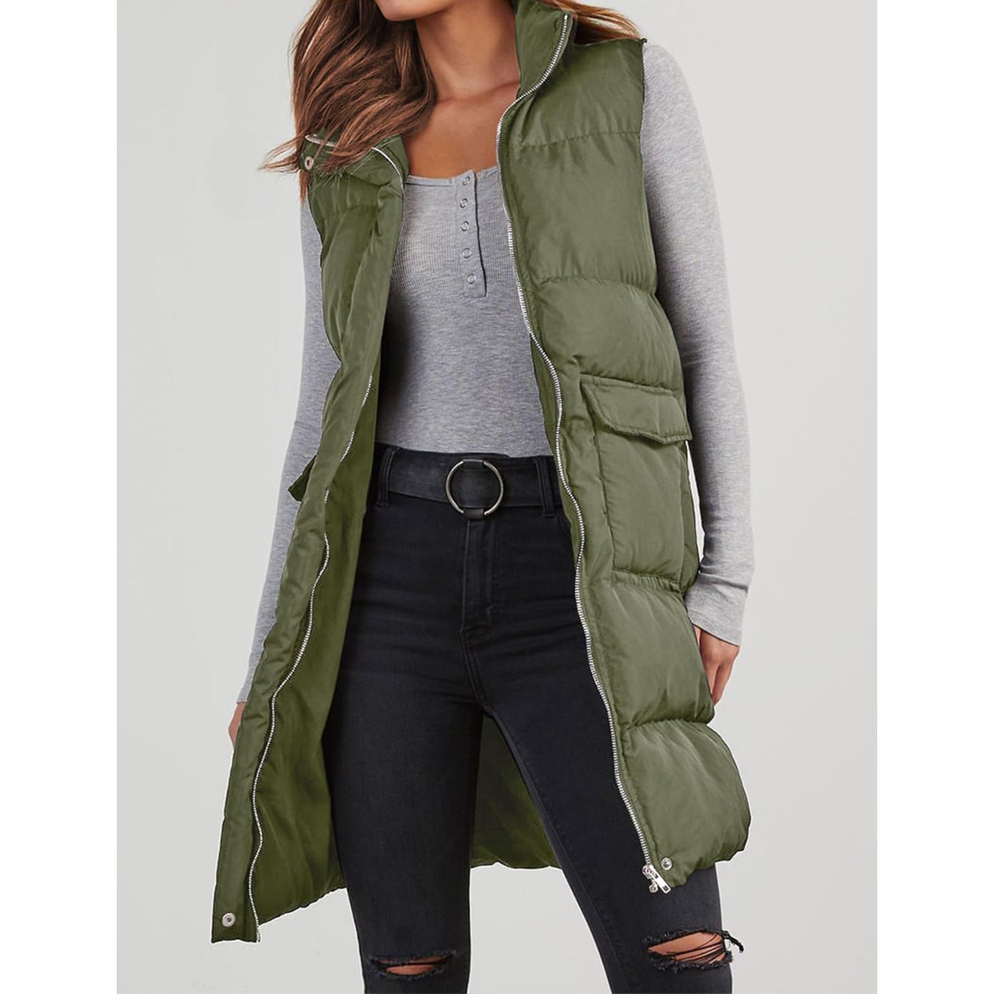 Polyester Hooded Single-breasted Mid-length Cotton Clothing Vest