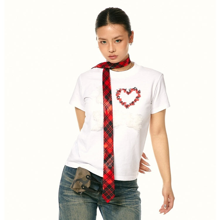 Plush Decoration Love Embroidered Short-sleeved Cotton Casual Shoulder Top
