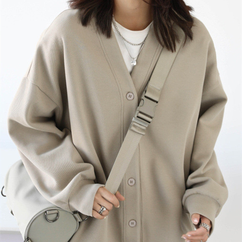 Casual Versatile Loose V-Neck Mid-Length Cardigan Jacket