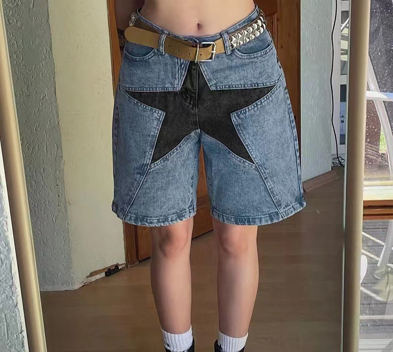 Loose Contrast Color Five-pointed Star Patch Denim Shorts