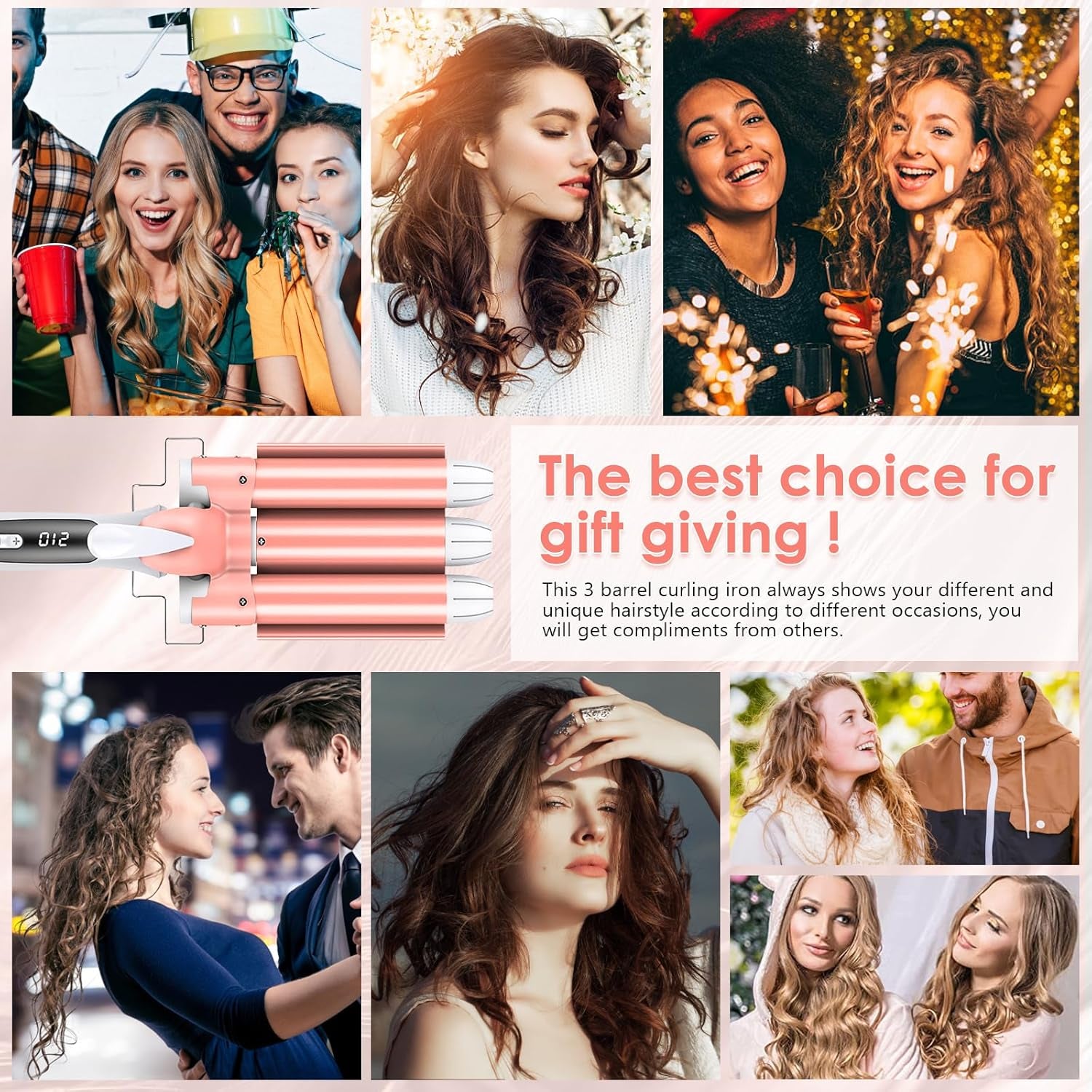 Rizador De Pelo Profesional 3 Tubo, Rizador Pelo Ondas Plancha 32Mm, Plancha Ondas Al Agua Cerámica De Pelo, Con Pantalla LCD Temperatura Ajustable, Para Peinado, Ondulado, Rizado