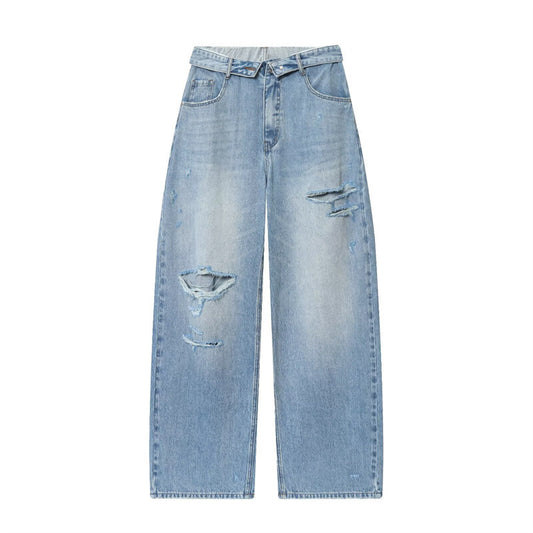 Women's Loose Mid Waist Fold Waist Jeans