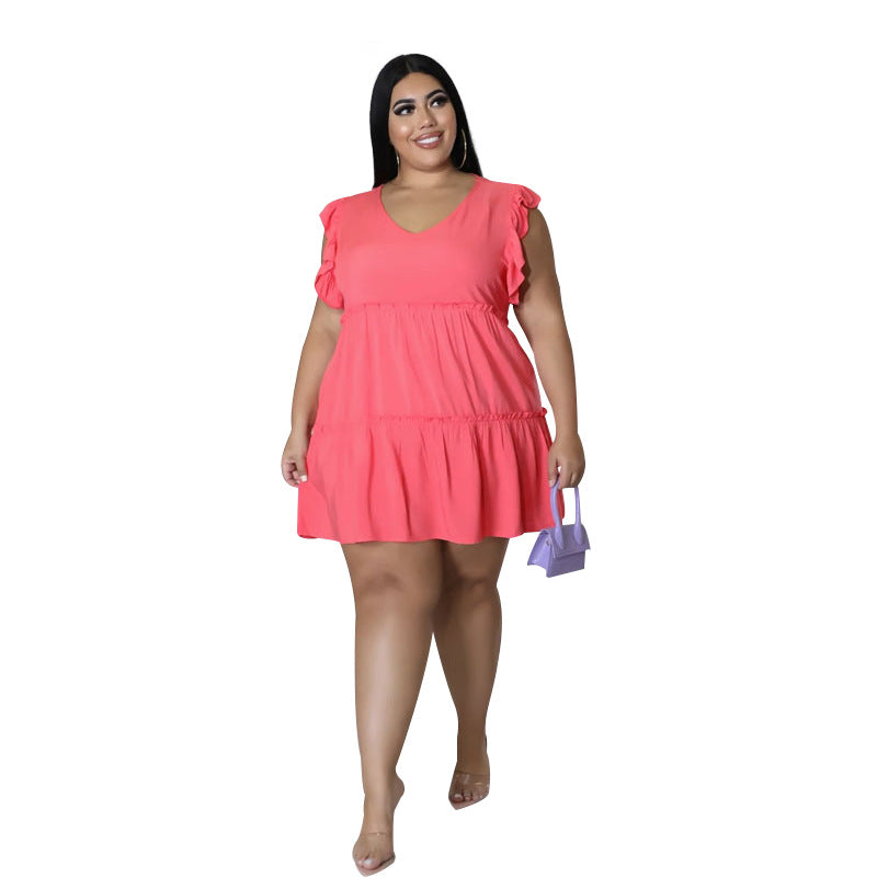 Women's Solid Color Casual V-neck Sleeveless Ruffled Pleated Skirt