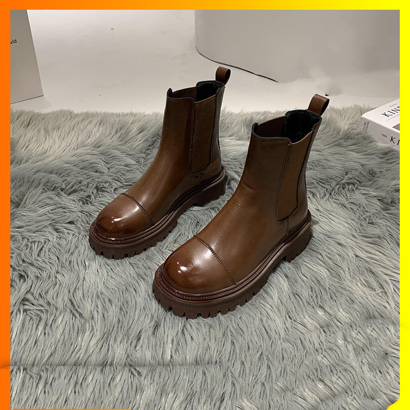British Style Plus Velvet  Platform Boots Retro Brown Skinny Boots Winter