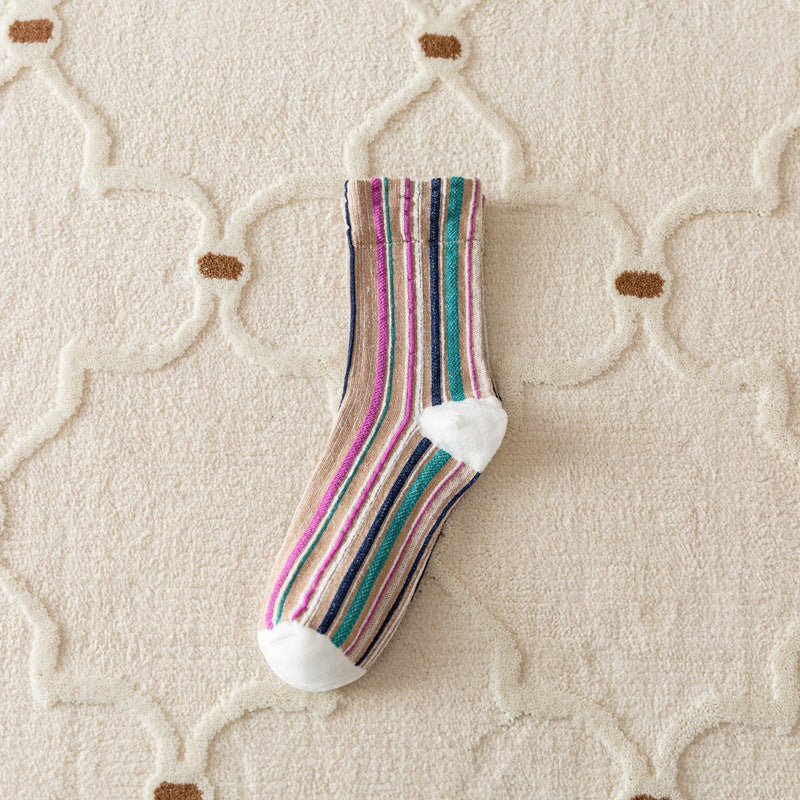 Autumn And Winter Vertical Stripes Retro Color Hem Tube Socks