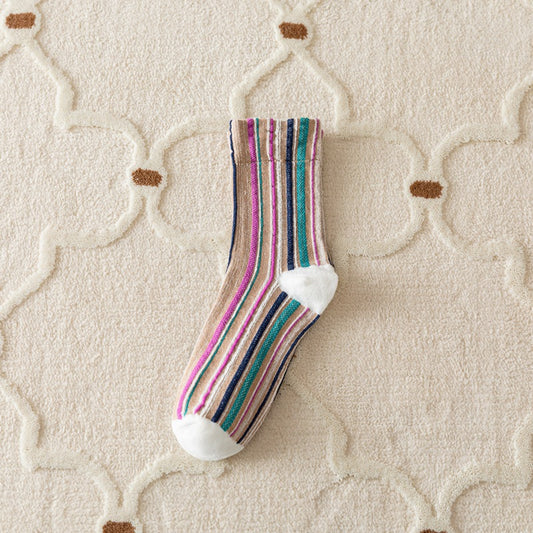 Autumn And Winter Vertical Stripes Retro Color Hem Tube Socks