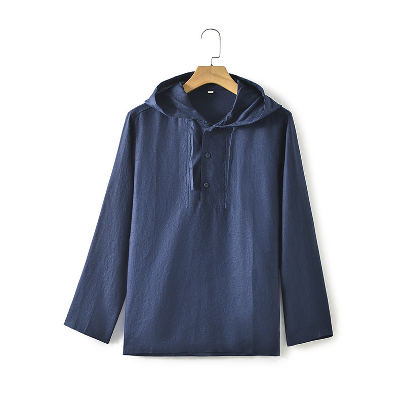 Linen Men's Loose Solid Color Hooded Casual Shirt