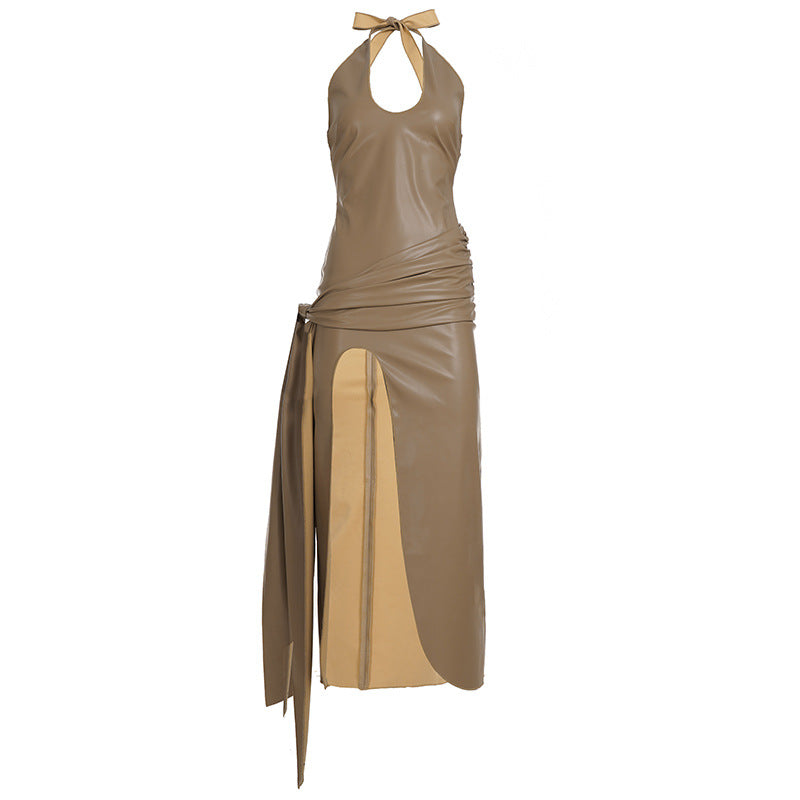 Womens Solid-Color Halter Dress With Side Slit And Straps