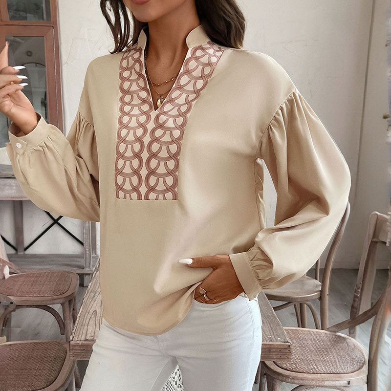 Elegant retro-cardigan med ringmønster, dekorativ, langærmet skjorte med opretstående krave
