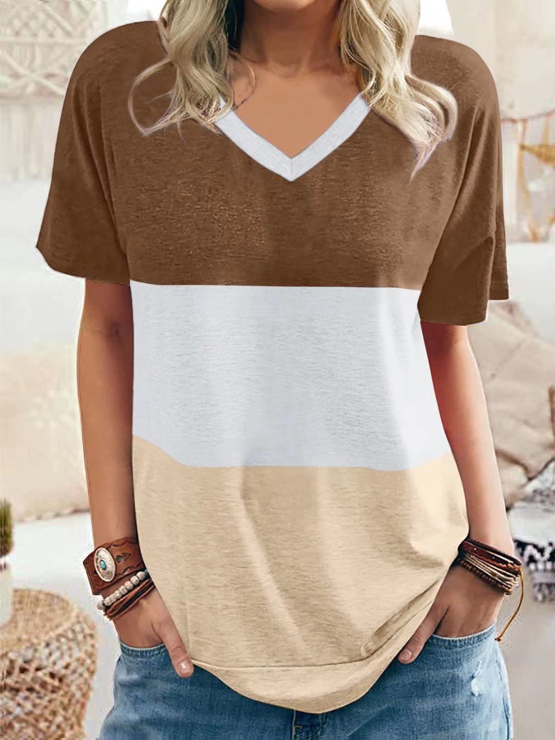 Women's Color Matching V-neck Casual Loose Short Sleeves