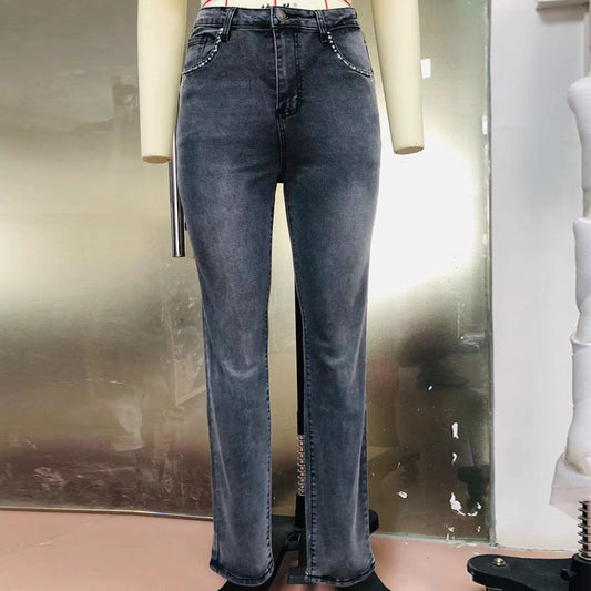 Nye retro broderede slim-fit jeans med høj talje og dødningehoved til kvinder